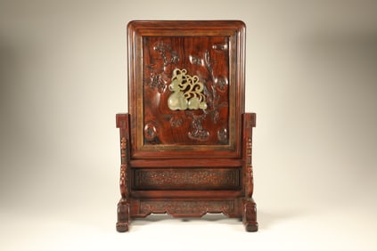Huanghuali Wood Inlaid Jade Carved Monkey and Peach Pattern Table Plaque