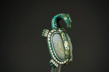 Chinese Bronze Gold and Silver Inlaid Jade Carved Beast Shape Ornament