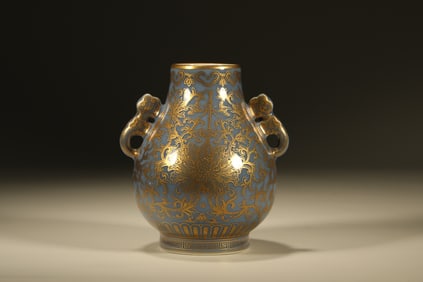 Blue Glazed Gold Drawing Flower Pattern Porcelain Zun