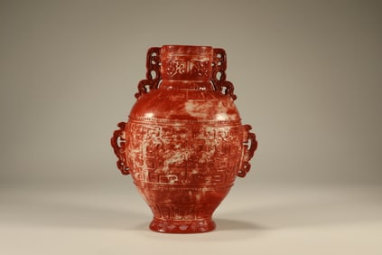 Red Glazed Carved Dragon Pattern Porcelain Vase