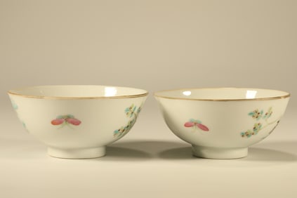 Pair of Famille Rose Flower with Butterfly Pattern Porcelain Bowl