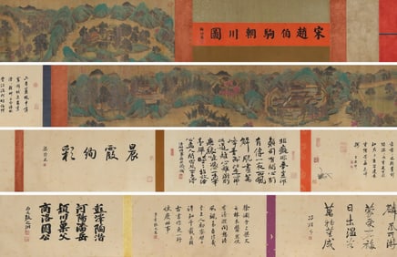 Zhao Boju mark, Chinese Landscape and Pavilion Painting, Ink and Color on Silk, Hand Scroll