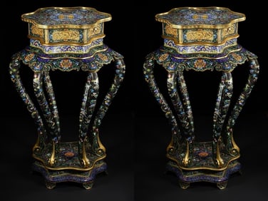 Pair of Bronze Cloisonne Carved Flower and Dragon Pattern Chair
