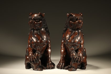 Pair of Agarwood Carved Beast Shape Ornament