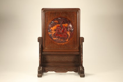 Huanghuali Wood Inlaid Lacquerware Red Carved Arhat Pattern Table Plaque