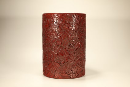Lacquerware Red Carved Poetry and Flower Pattern Brush Pot