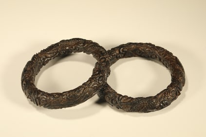 Pair of Agarwood Carved Dragon and Phoenix Pattern Bangle