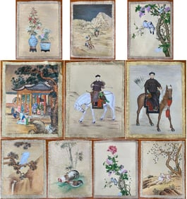 Group of Ten Chinese Drawing Character and Flower Oil Painting,Lang Shining Mark