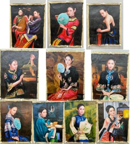 Group of Ten Chinese Drawing Beauty Oil Painting,Chen Yifei Mark