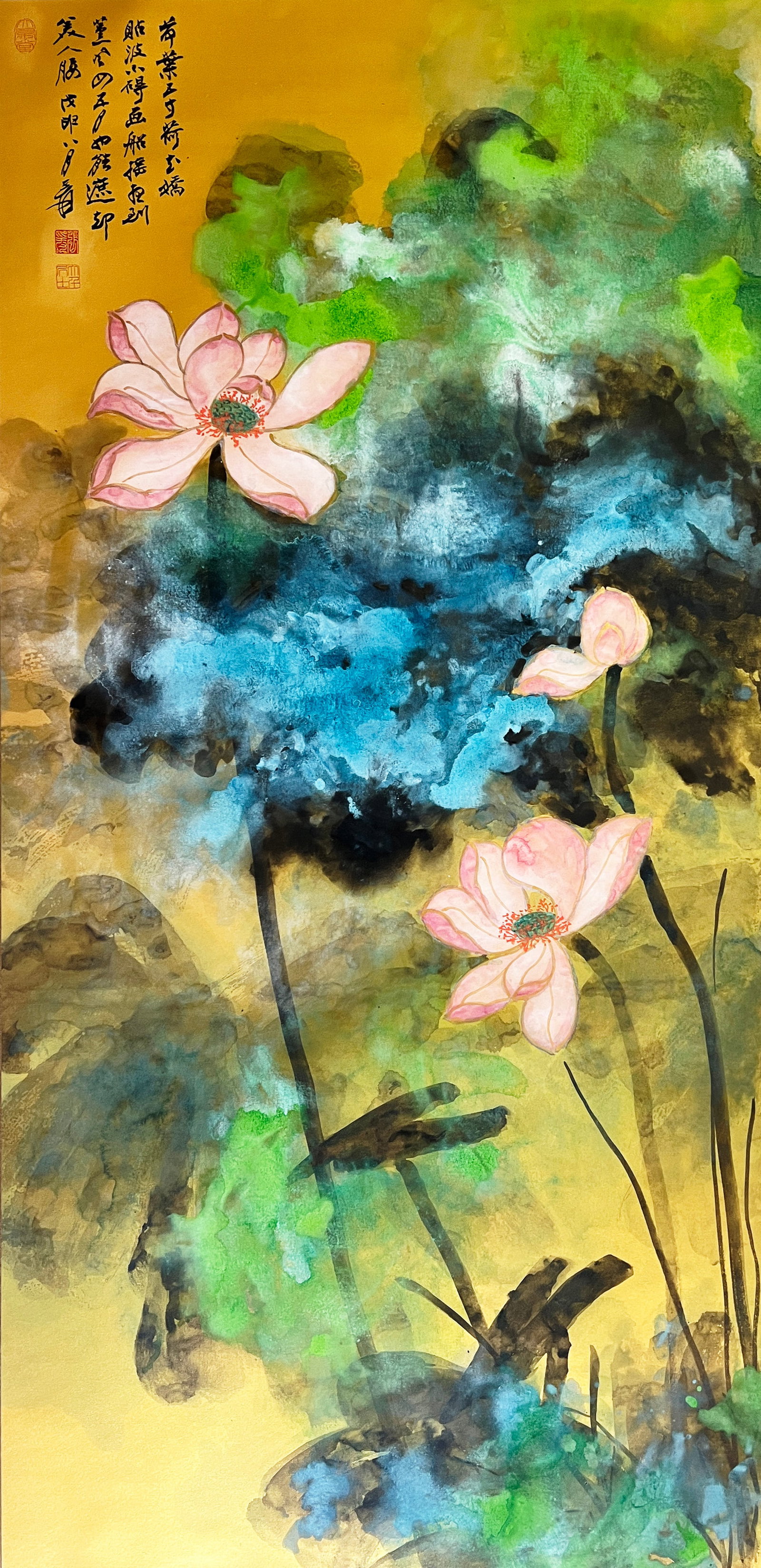 Zhang Daqian mark, Chinese Lotus Pond Painting, Ink and Color on Paper, Mounted: Zhang Daqian mark, Chinese Lotus Pond Painting, Ink and Color on Paper, Mounted (137 x 67cm)