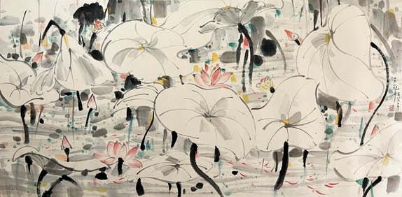 Wu Guanzhong mark, Chinese Lotus Pond Painting, Ink and Color on Paper, Mounted
