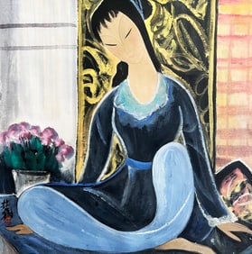Lin Fengmian mark, Chinese Lady Painting, Ink and Color on Paper, Mounted