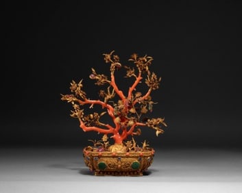 Solid Gold Carved Flower and Flower Pot Shape Figure
