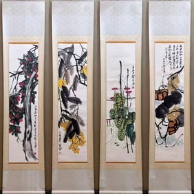 Group of Four Chinese Drawing Flower Painting,Qi Baishi Mark