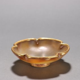 Agate Inlaid Gilt Bronze Carved Flower Shape Cup