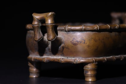 Bronze Carved Bamboo Shape Double Ears Incense Burner