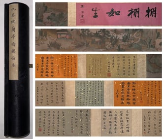 Chinese Drawing Landscape and Character Hand Scroll,Qiu Ying Mark
