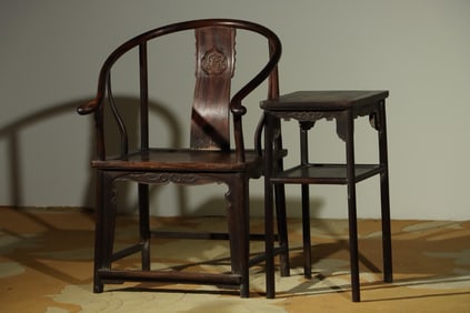 Group of Two Red Sandalwood Carved Dragon Pattern Chair and Square Table
