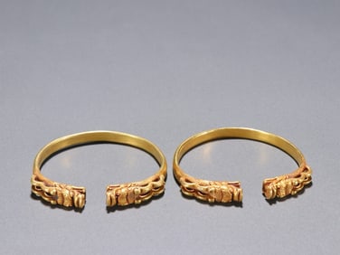 Pair of Gilt Silver Carved Dragon Pattern Bangle
