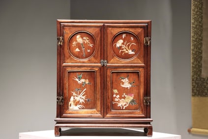 Huanghuali Wood Mother of Pearl Inlaid Carved Flower and Bird Pattern Cabinet