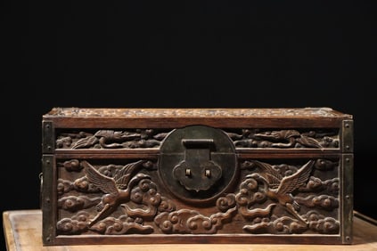 Huanghuali Wood Carved Cloud and Crane Pattern Box