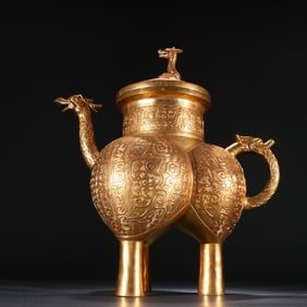 Gilt Bronze Carved Dragon Pattern Phoenix Shape Pot