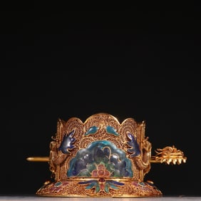 Gilt Silver Inlaid Blue Enameled and Gem Stone Carved Flower Pattern Crown