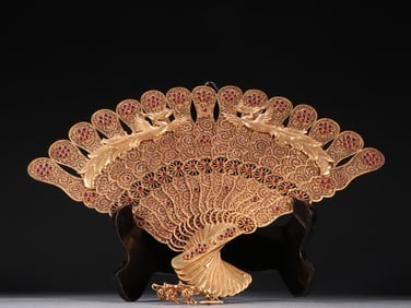 Gilt Silver Inlaid Gem Stone Carved Phoenix Pattern Fan
