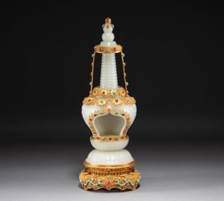 Pair of Jade Inlaid Gilt Bronze and Gem Stone Carved Flower Pattern Pagoba