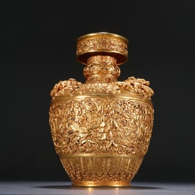 Gilt Bronze Carved Dragon and Phoenix Pattern Vase