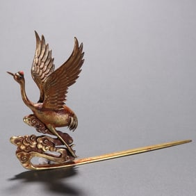 Gilt Silver Carved Crane Shape Hairpin