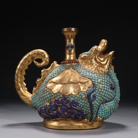 Gilt Bronze Inlaid Turquoise Carved Dragon Shape Pot