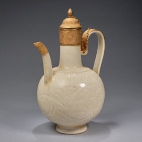 Ding Ware Inlaid Gilt Bronze Carved Flower Pattern Porcelain Pot