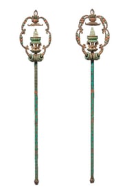 Pair of Gilt Silver Inlaid Gem Stone Carved Poetry Pattern Staff