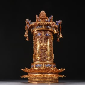 Gilt Silver Inlaid Blue Enameled Carved Buddha Pattern Buddha Niche