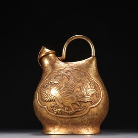 Gilt Bronze Carved Dragon and Phoenix Pattern Handle Pot