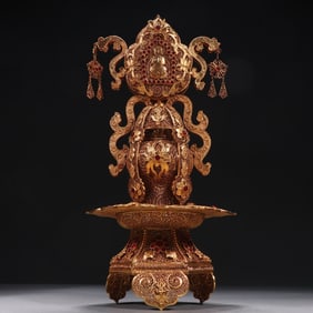 Gilt Silver Inlaid Gem Stone Carved Flower Pattern Figure