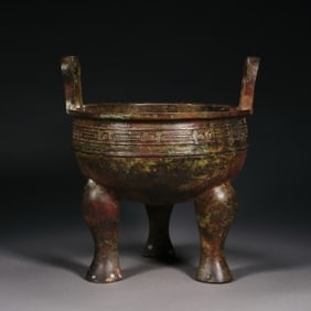 Chinese Bronze Carved Beast Face Pattern Double Ears Ding