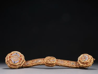 Gilt Silver Inlaid Gem Stone and Blue Enameled Carved Flower Pattern RuYi Ornament