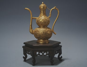 Gilt Bronze Carved Dragon Pattern Gourd Shape Pot