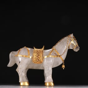 White Crystal Inlaid Gilt Bronze Carved Horse Shape Ornament