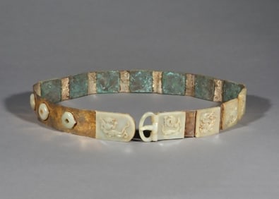 Chinese Bronze Inlaid Jade Carved Dragon Pattern Waistband