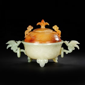 Jade Inlaid Agate Carved Phoenix and Dragon Pattern Double Phoenix Ears Incense Burner