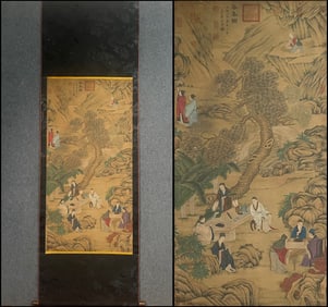 Li Gonglin mark, Chinese Scholars Painting, Ink and Color on Silk, Hanging Scroll