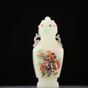 Jade Inlaid Multi GemStone Carved Character Story Pattern Double Ears Vase