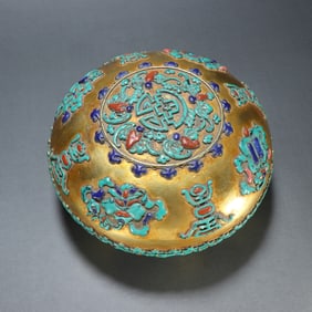Gilt Bronze Inlaid Turquoise Carved Eight Treasure Pattern Lid Box