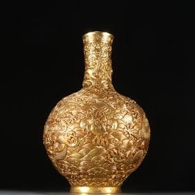Gilt Bronze Carved Dragon and Sea Wave Pattern Vase