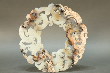 Jade Carved Dragon and Phoenix Pattern Bi
