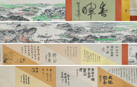 Song Wenzhi mark, Chinese Sailing In Spring Painting, Ink and Color on Paper, Handscroll