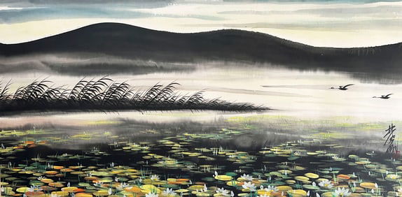 Lin Fengmian mark, Chinese Late Autumn Painting, Ink and Color on Paper, Mounted